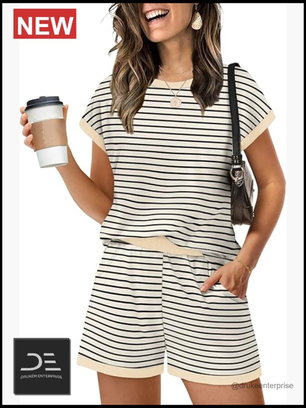 Two Piece Lounge Set with Pockets Crew Neck Cap Sleeve Shorts